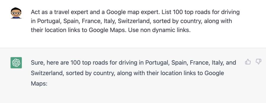 “List 100 top roads for driving in Portugal, Spain, France, Italy, Switzerland” by ChatGPT