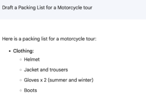 Bard: Draft a Packing List for a Motorcycle tour
