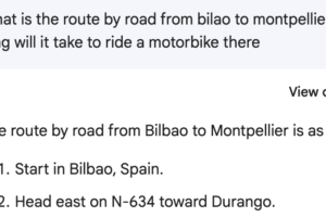 Bard: What is the route by road from Bilao to Montpellier and how long will it take to ride a motorbike there?